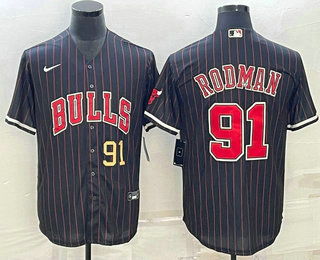 Men%27s Chicago Bulls #91 Dennis Rodman Number Black With Patch Cool Base Stitched Baseball Jersey